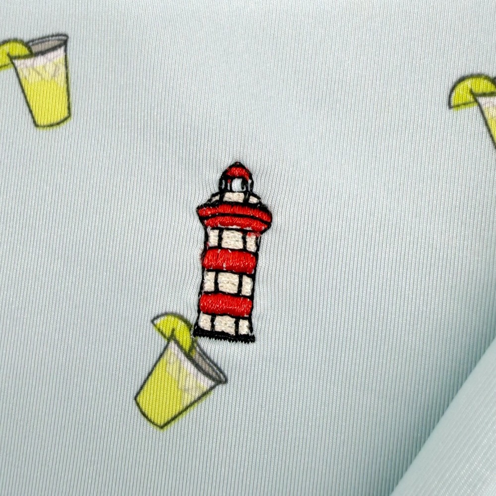 FootJoy Golf Polo Mens L Light Blue Cocktail Drink Print Lighthouse Stretch - Picture 5 of 8